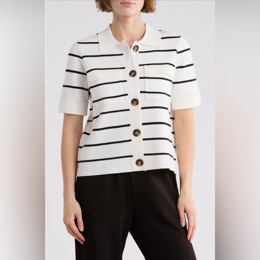 T Tahari Black and White Striped Button-Down Short Sleeve Cardigan
